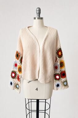 Sincerely Jules Cardigan XL Cream Granny Square Crochet Sleeve Boho Open Knit